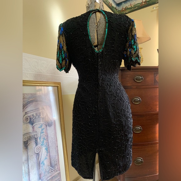 Vintage Beaded Dress Sequin Peacock, 100% Silk Cocktail Mini Size Petite Large - Picture 15 of 16
